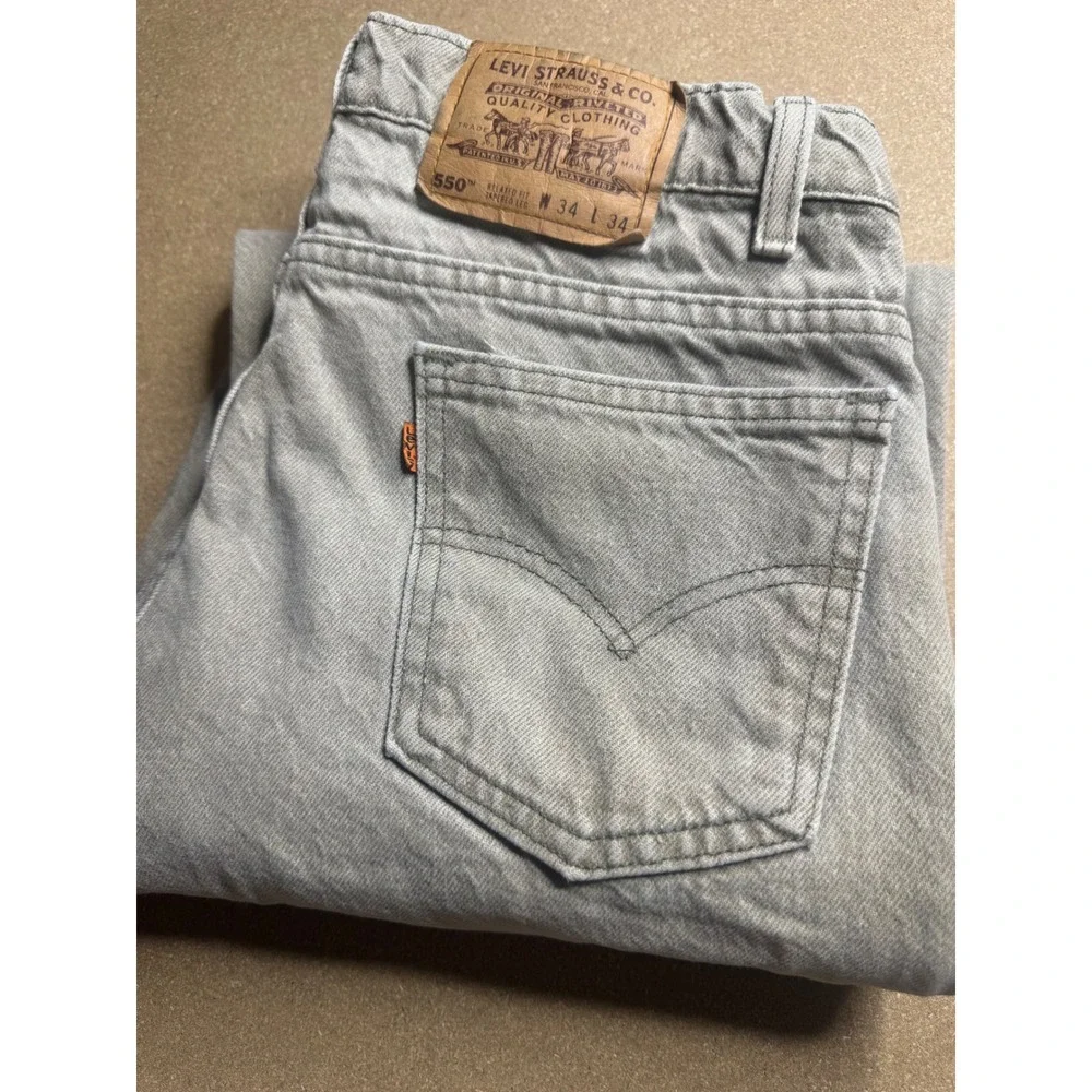 Vintage Levis 550 Orange Tab Jeans Mens 34x34 Gray Relaxed Tapered Made in USA